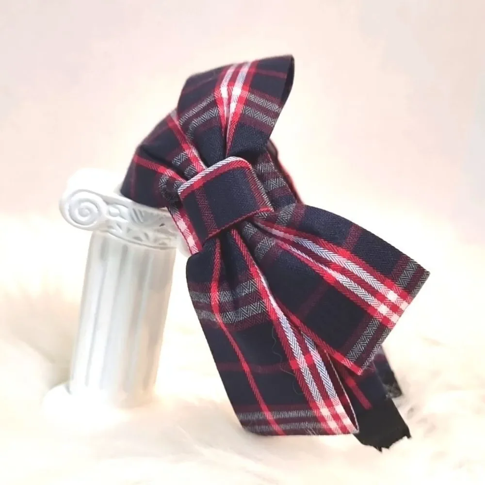 PLAID SIDE BOW HEADBAND navy blue white red fabric